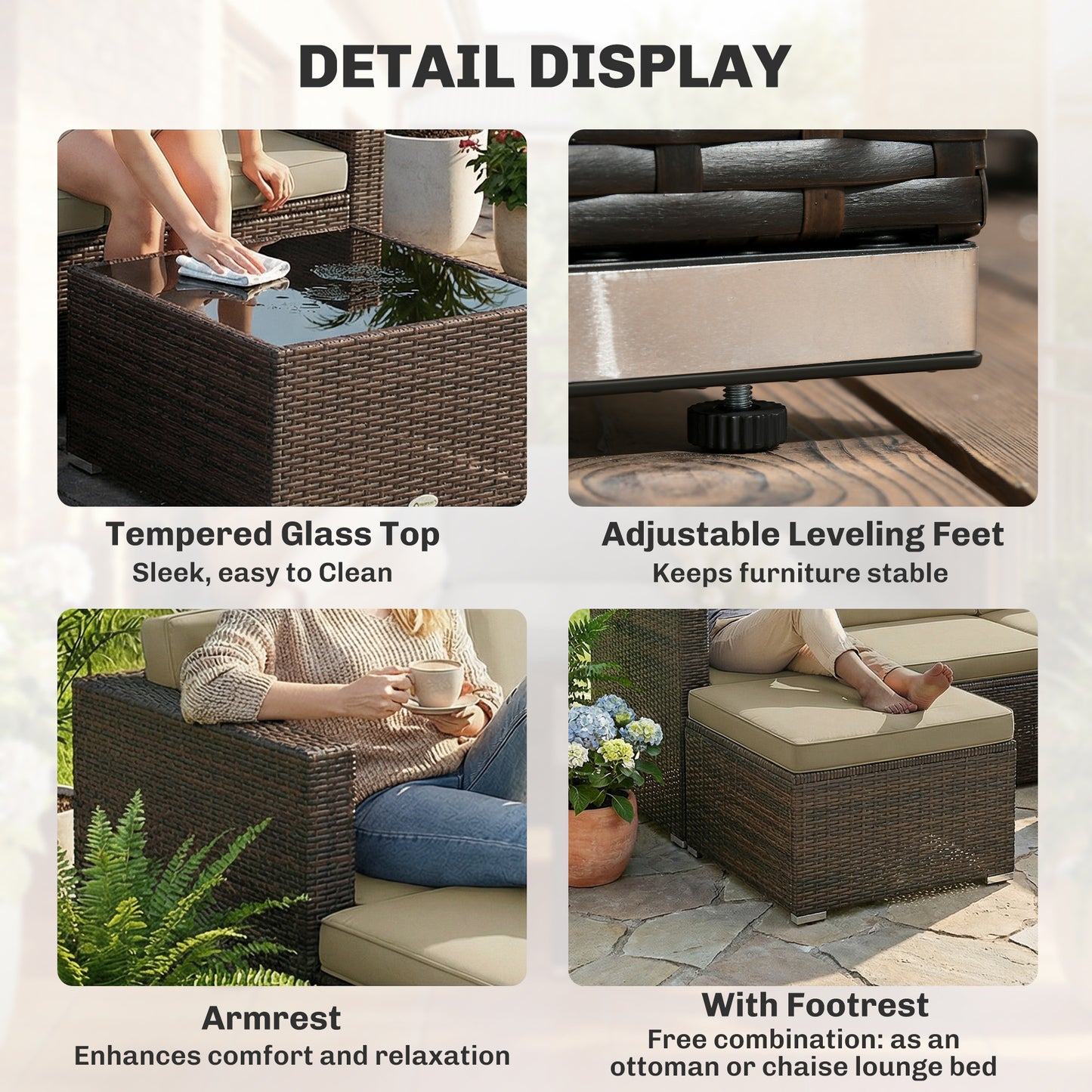 3 Pieces Patio Furniture Set with Cushions, Outdoor PE Rattan Wicker Conversation Corner Sofa Set, Khaki