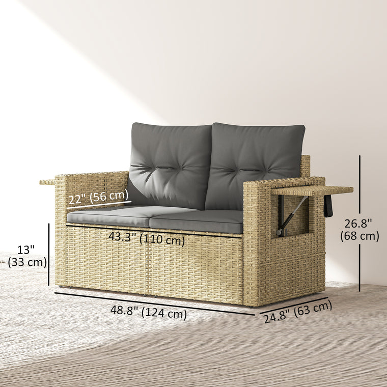Wicker Loveseat Sofa with Side Trays and Cushions