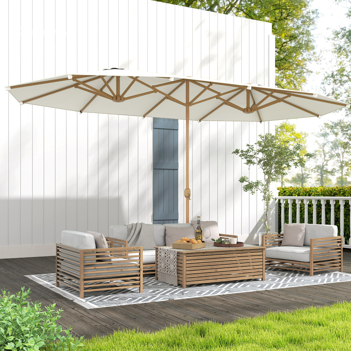 179.1" x 104.3" Beige Double Garden Parasol with 12 Steel Ribs