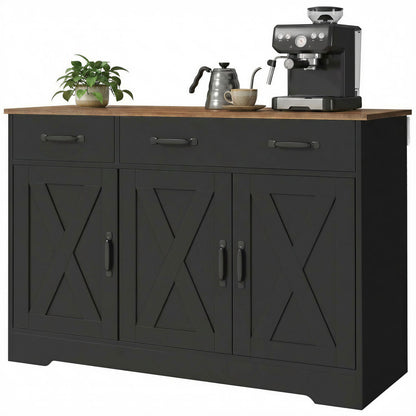 43" Farmhouse Sideboard Buffet Cabinet with 3 Barn Doors - Black