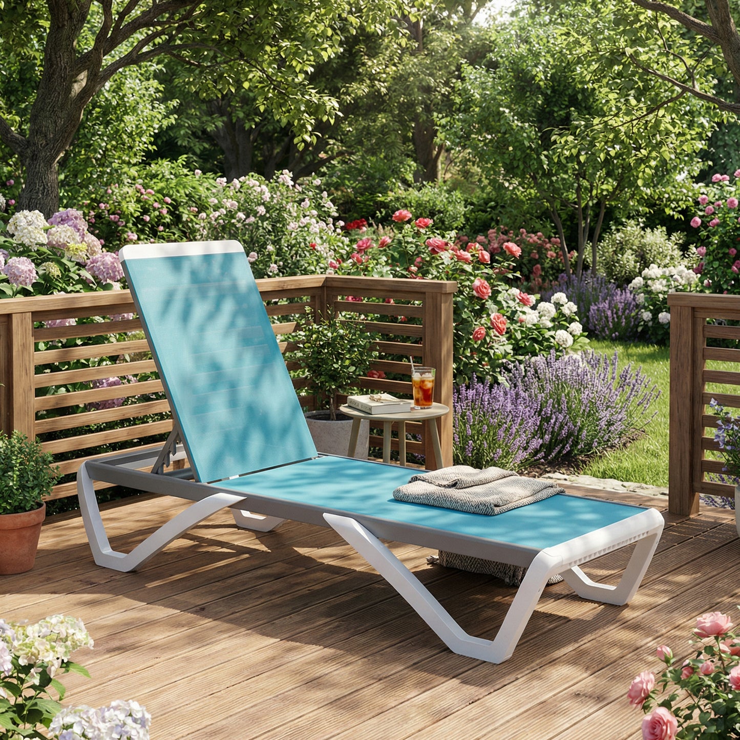 Outdoor Chaise Lounge Chair, Patio Aluminum Tanning Chair with 5-Level Adjustable Back, Portable Wheels, Turquoise