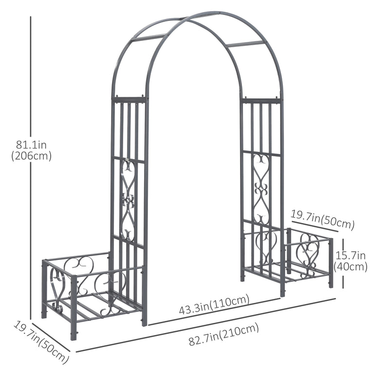 7FT Dark Grey Metal Garden Arch with Planter Boxes