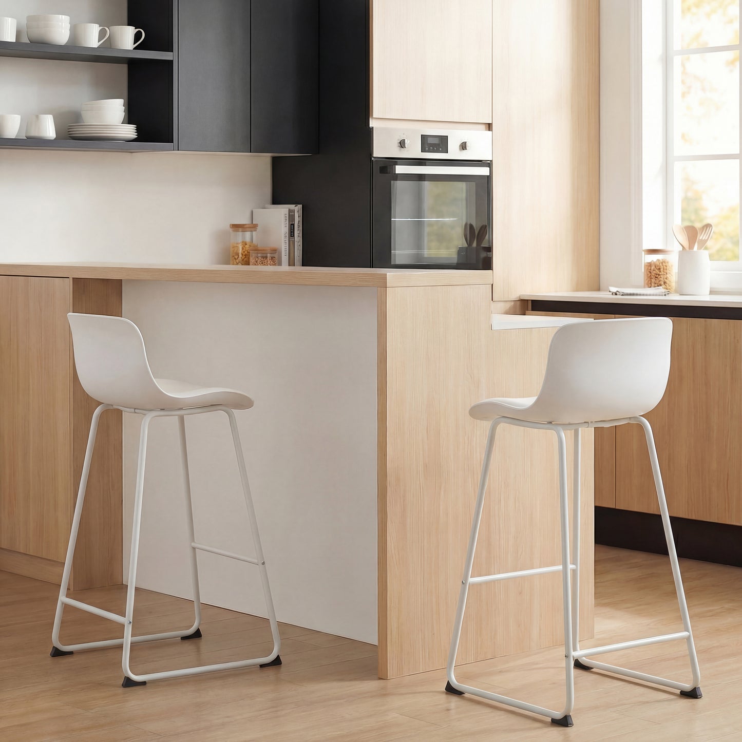 Modern Bar Stools Set of 2, PU Leather Barstools, Counter Height Kitchen Chairs for Breakfast Bars, Dining Room, White
