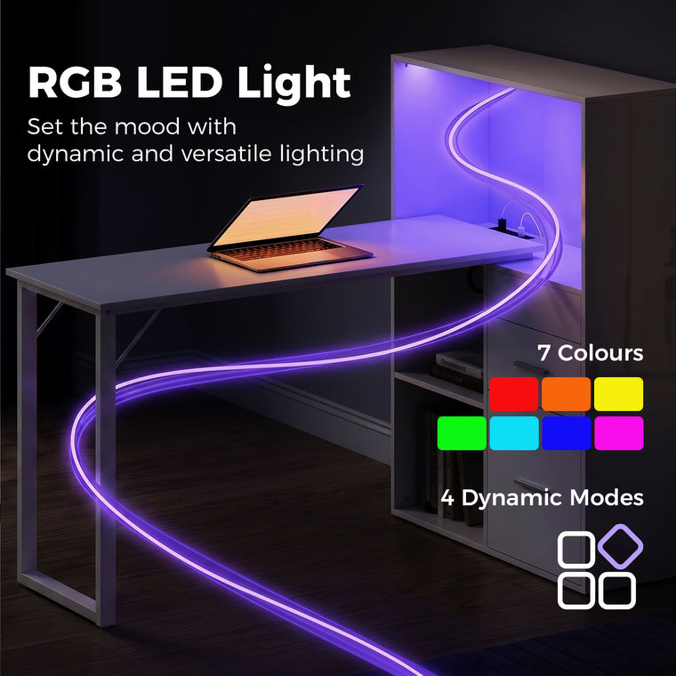 54" Computer Desk with Drawers and LED Lights - White