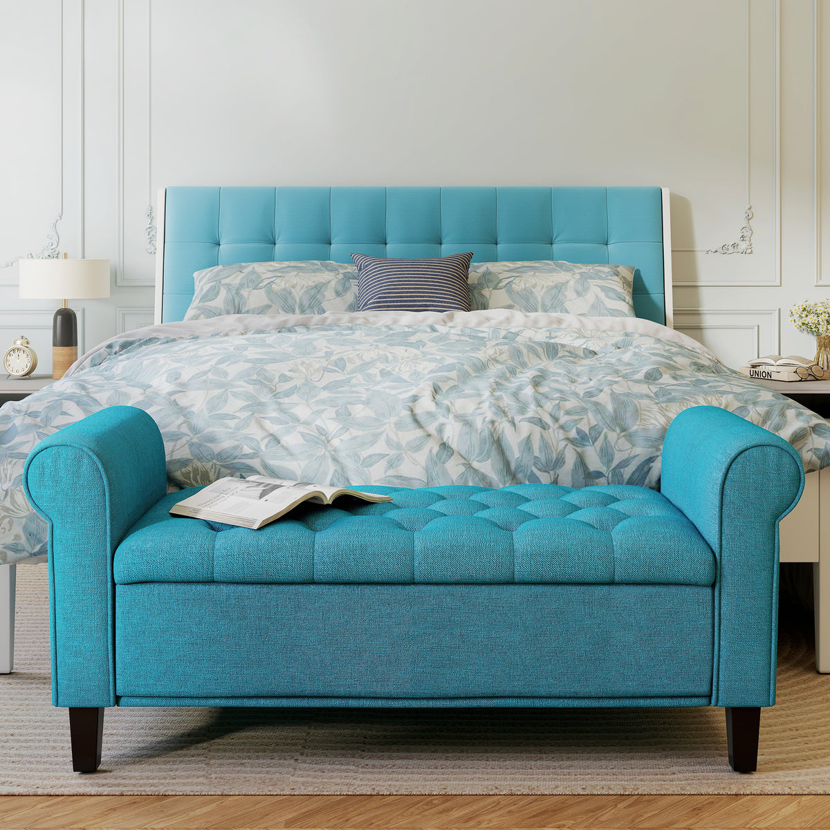 50 Inches Storage Ottoman, Upholstered Bedroom Bench with Rolled Arms and Button Tufted Storage, Teal