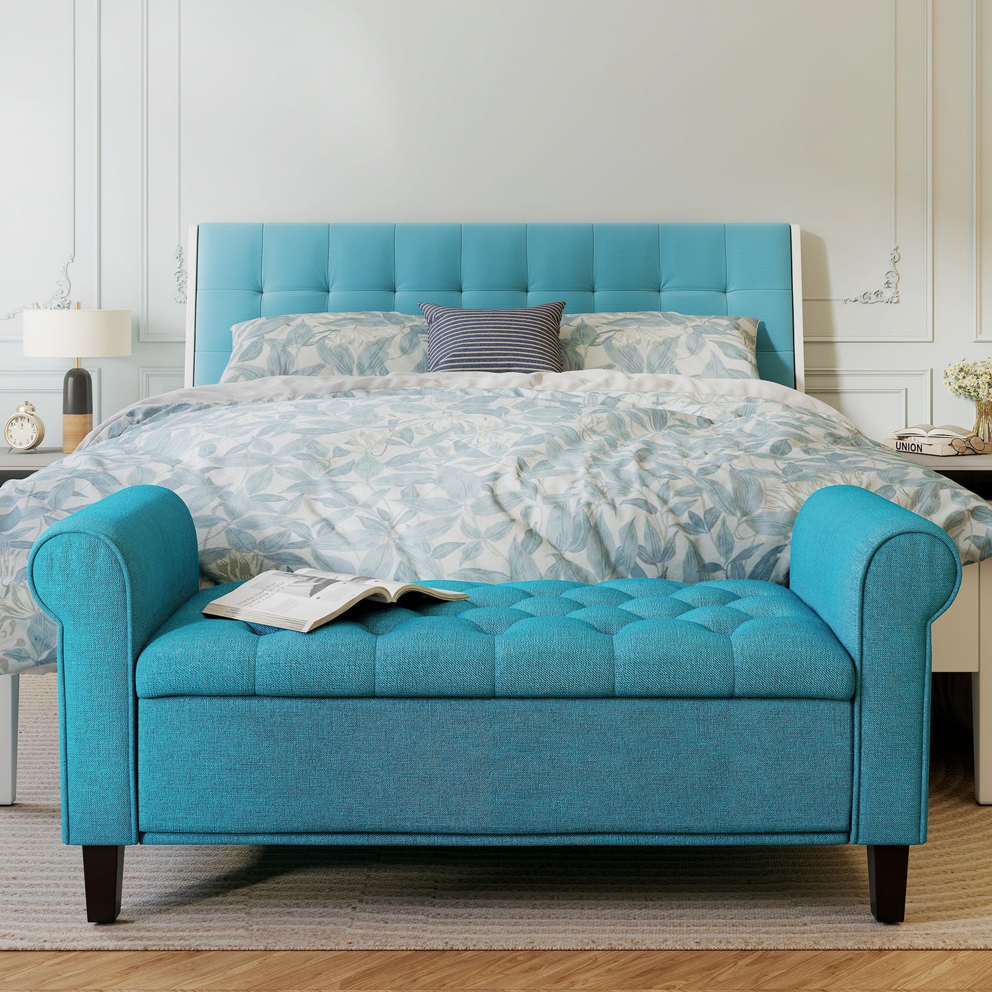 50 Inches Storage Ottoman, Upholstered Bedroom Bench with Rolled Arms and Button Tufted Storage, Teal
