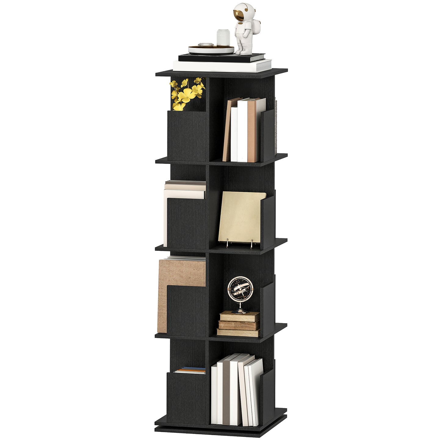 360° Rotating Bookcase with Anti-Tipping Straps and Anti-Slip Foot Pads, 4-Tier Bookshelf with 16 Cubbies, Black