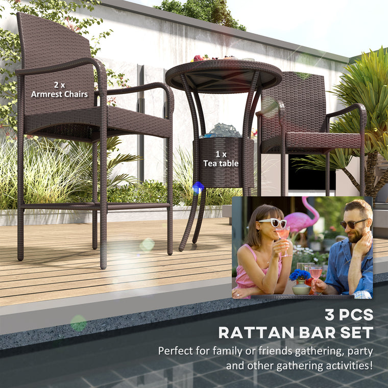 Dark Brown 3-Piece Rattan Bar Set with Ice Bucket