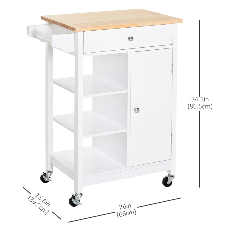 Rolling Kitchen Island with Wood Top and Cabinet - White