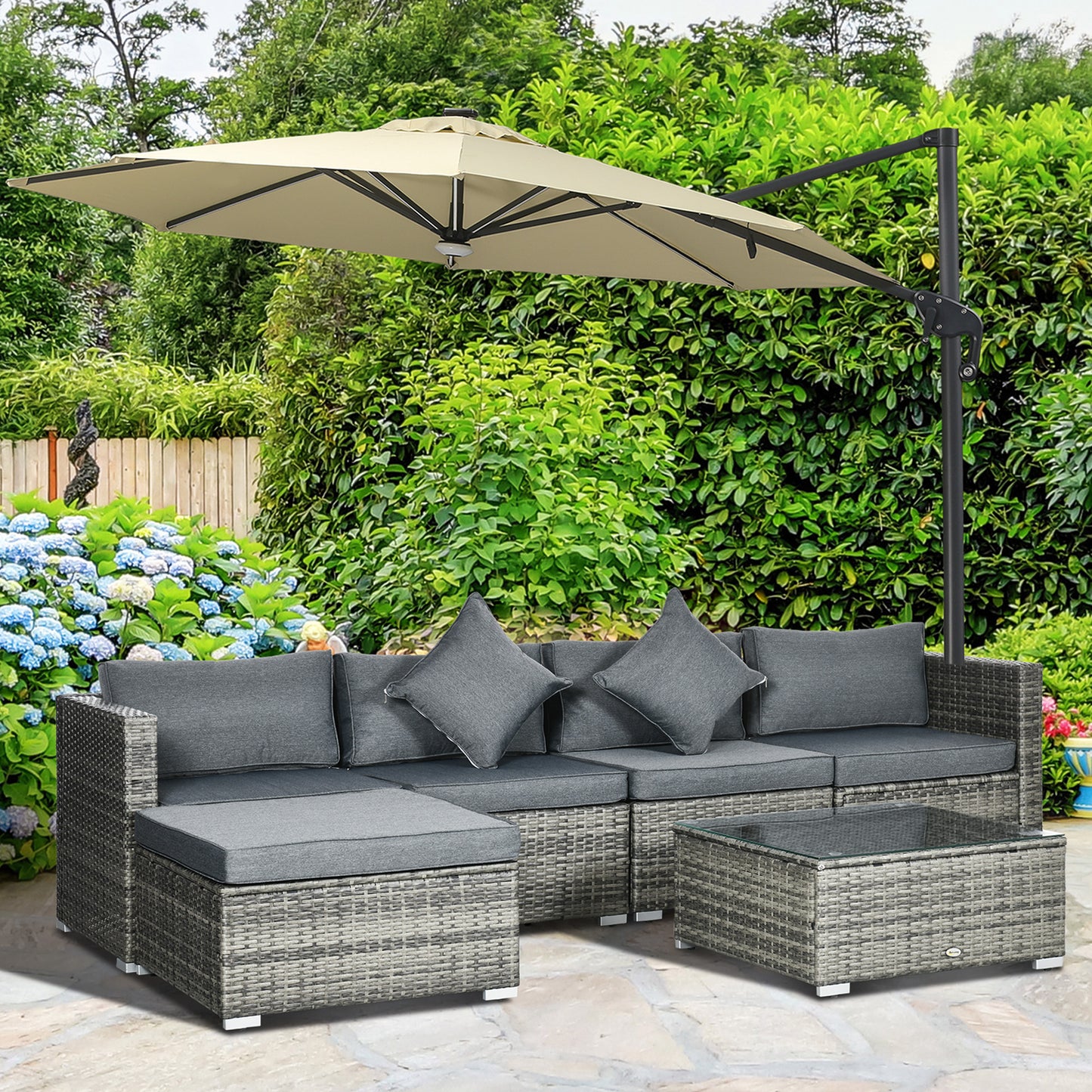 6 Pieces Outdoor PE Rattan Wicker Patio Furniture Sofa Set with Thick Cushions, Deluxe Garden Sectional Couch with Glass Top Table, Mixed Grey and Dark Grey
