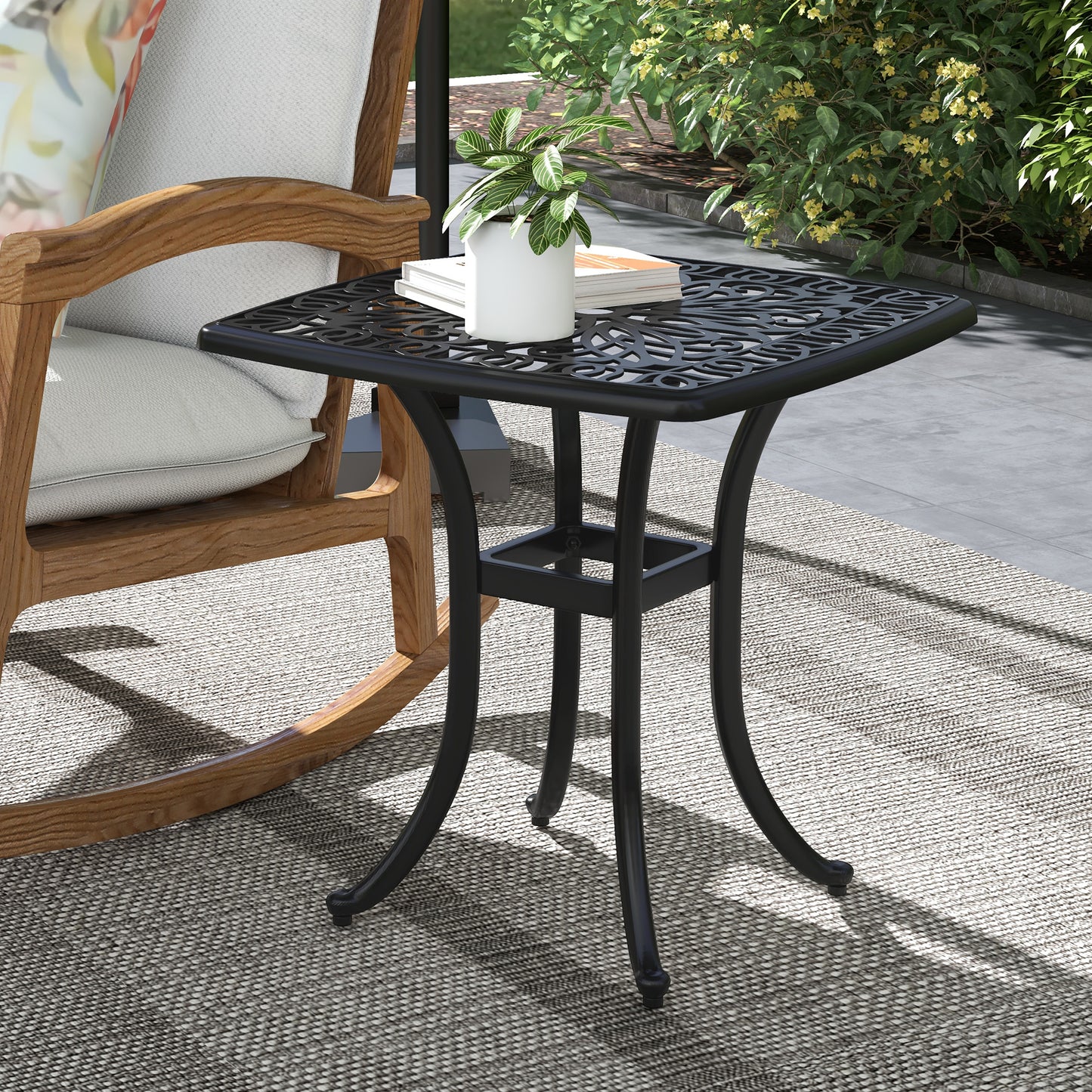 21" Square Outdoor End Table, Cast Aluminum Patio Side Table with Umbrella Hole for Garden, Balcony, Poolside, Black - Black