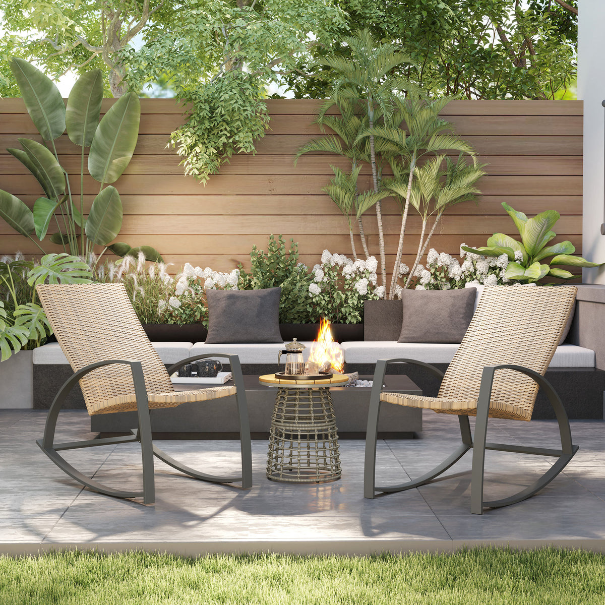 2 Pieces Wicker Patio Rocking Chair Set, Rattan Outdoor Rocking Chair Set with High Back, Armrests for Garden, Khaki
