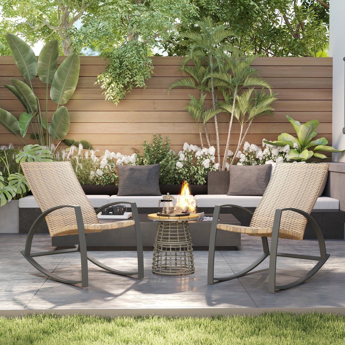 2 Pieces Wicker Patio Rocking Chair Set, Rattan Outdoor Rocking Chair Set with High Back, Armrests for Garden, Khaki