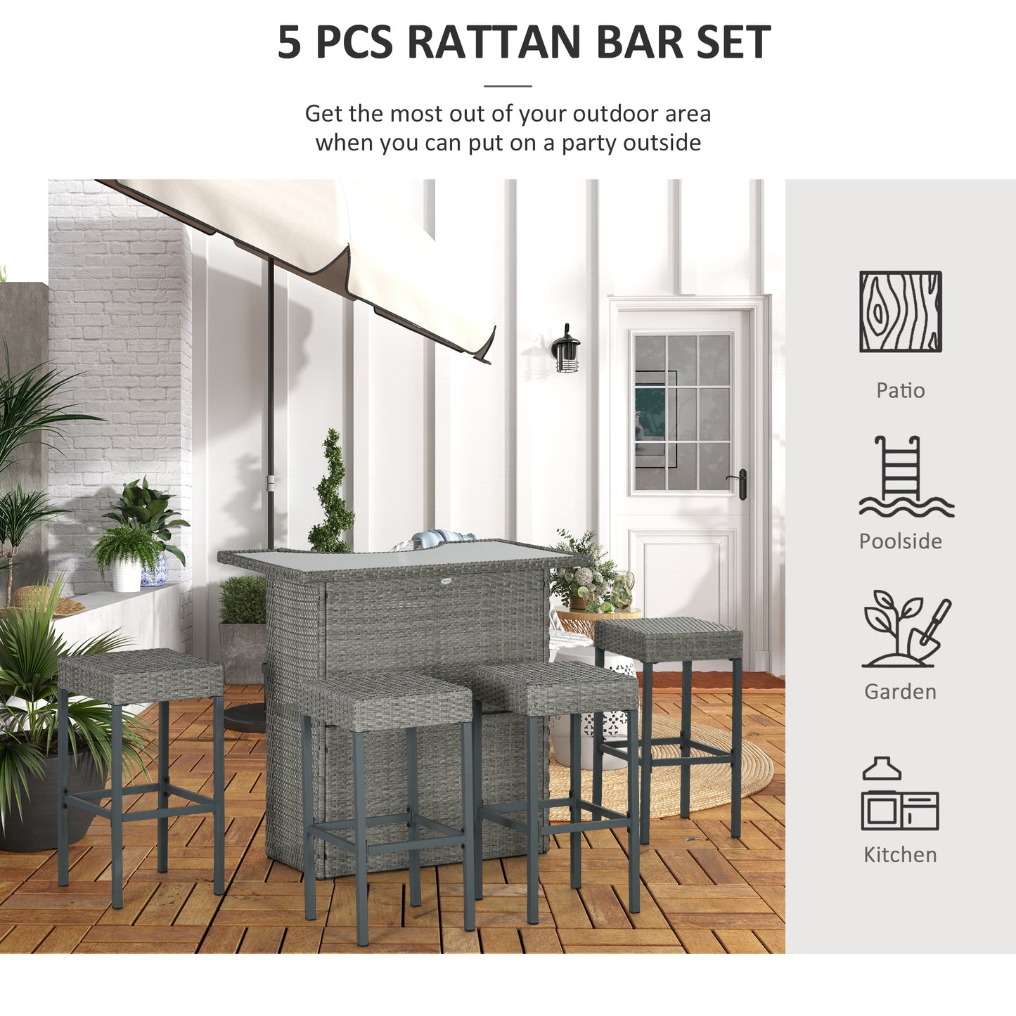 5 Pieces Patio Bar Set, Outdoor PE Rattan Wicker High Top Outdoor Table and Chairs Outdoor Bar Set with Tempered Glass Top Bar Table and Shelves, 4 Bar Chairs, Black