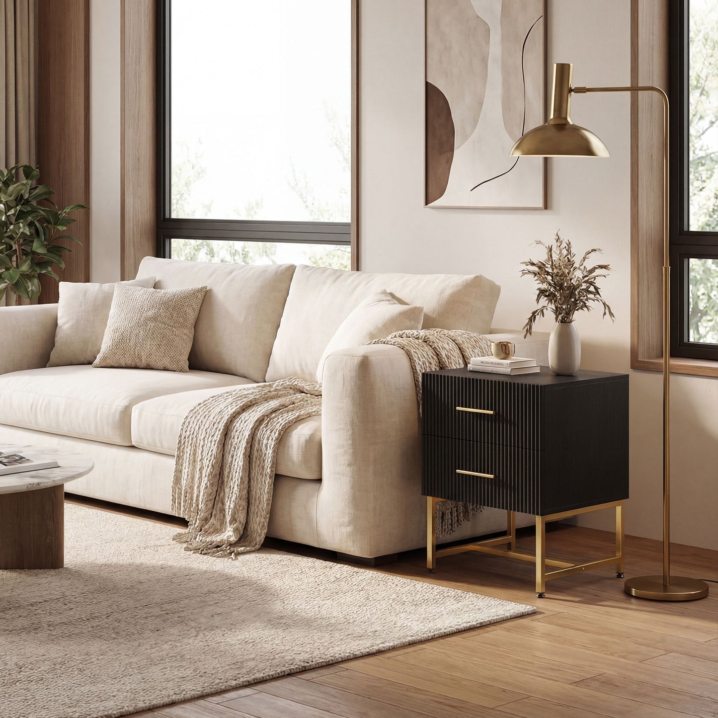 2 Pieces Nightstands with Storage, Modern Bedside Tables with 2 Fluted Drawers and Gold Legs for Bedroom, Black