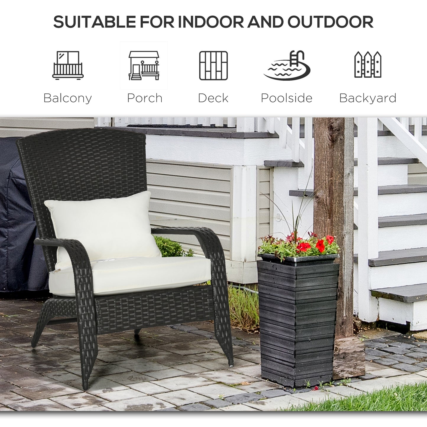 Patio Wicker Adirondack Chair, Outdoor Rattan Muskoka Chair with Cushions for Patio, Garden, Backyard Dark Blue