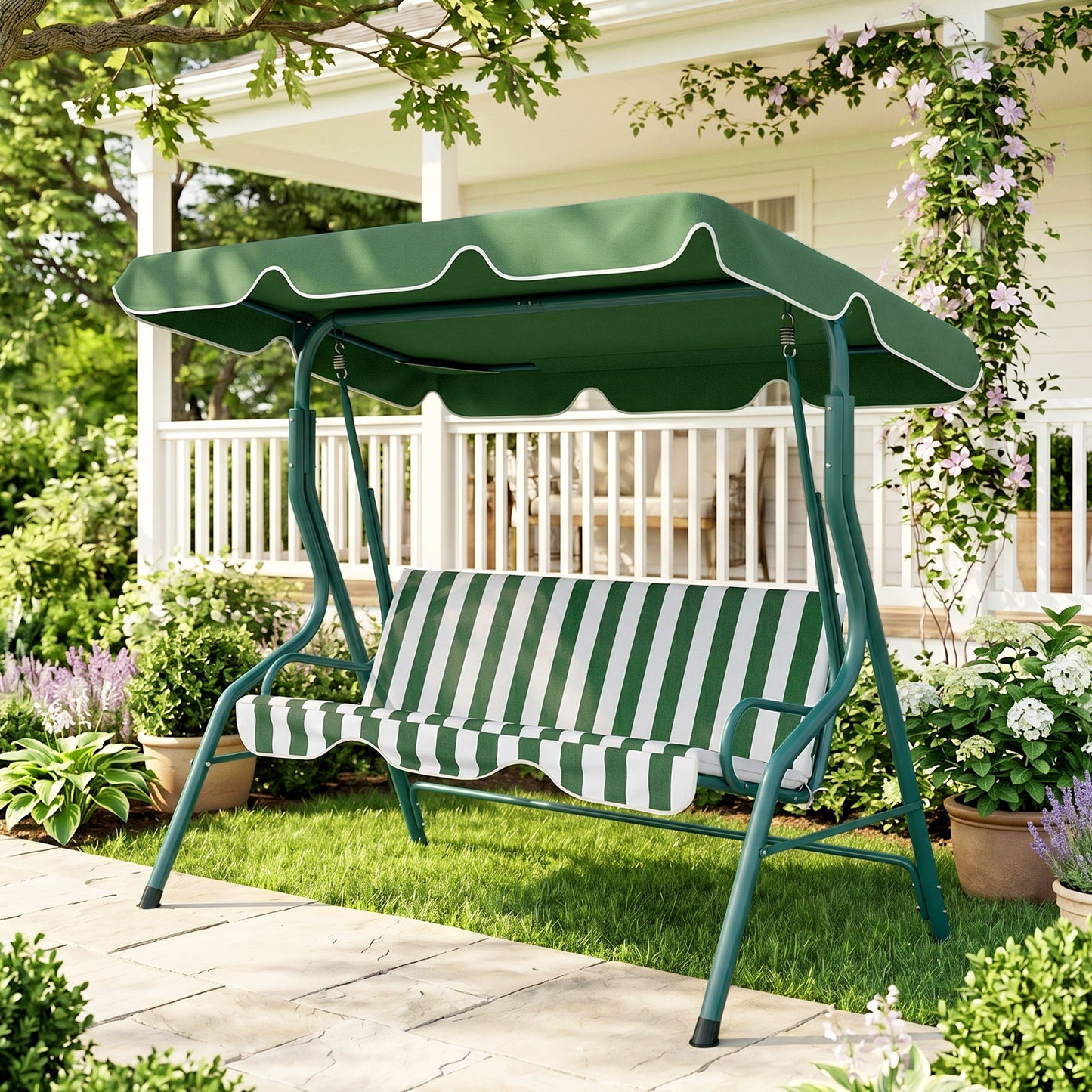 Outdoor Porch Swing with Adjustable Canopy, 3-Seater Patio Swing Chair with Cushion, Black