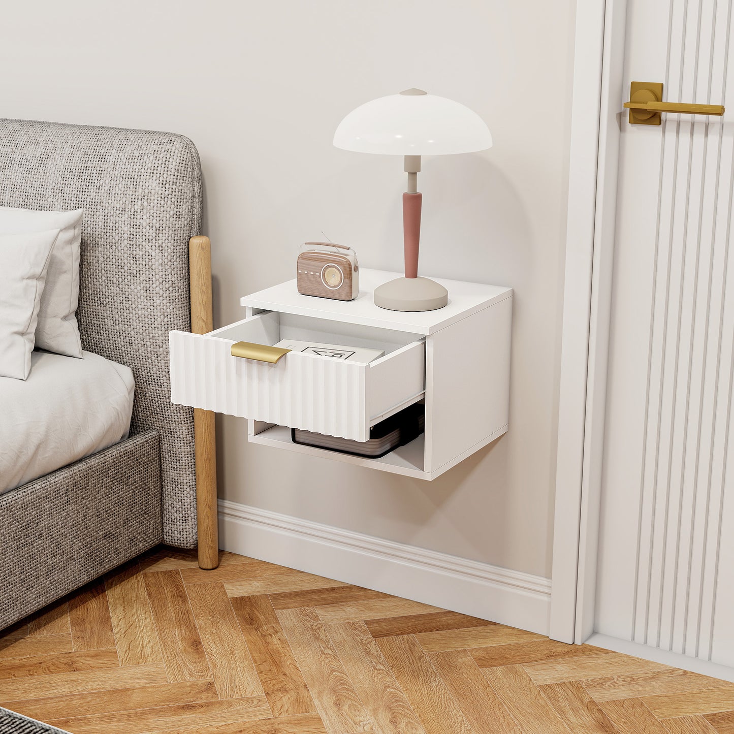 Floating Nightstands, Wall Mounted Bedside Tables Set of 2 with Drawer and Open Shelf, White
