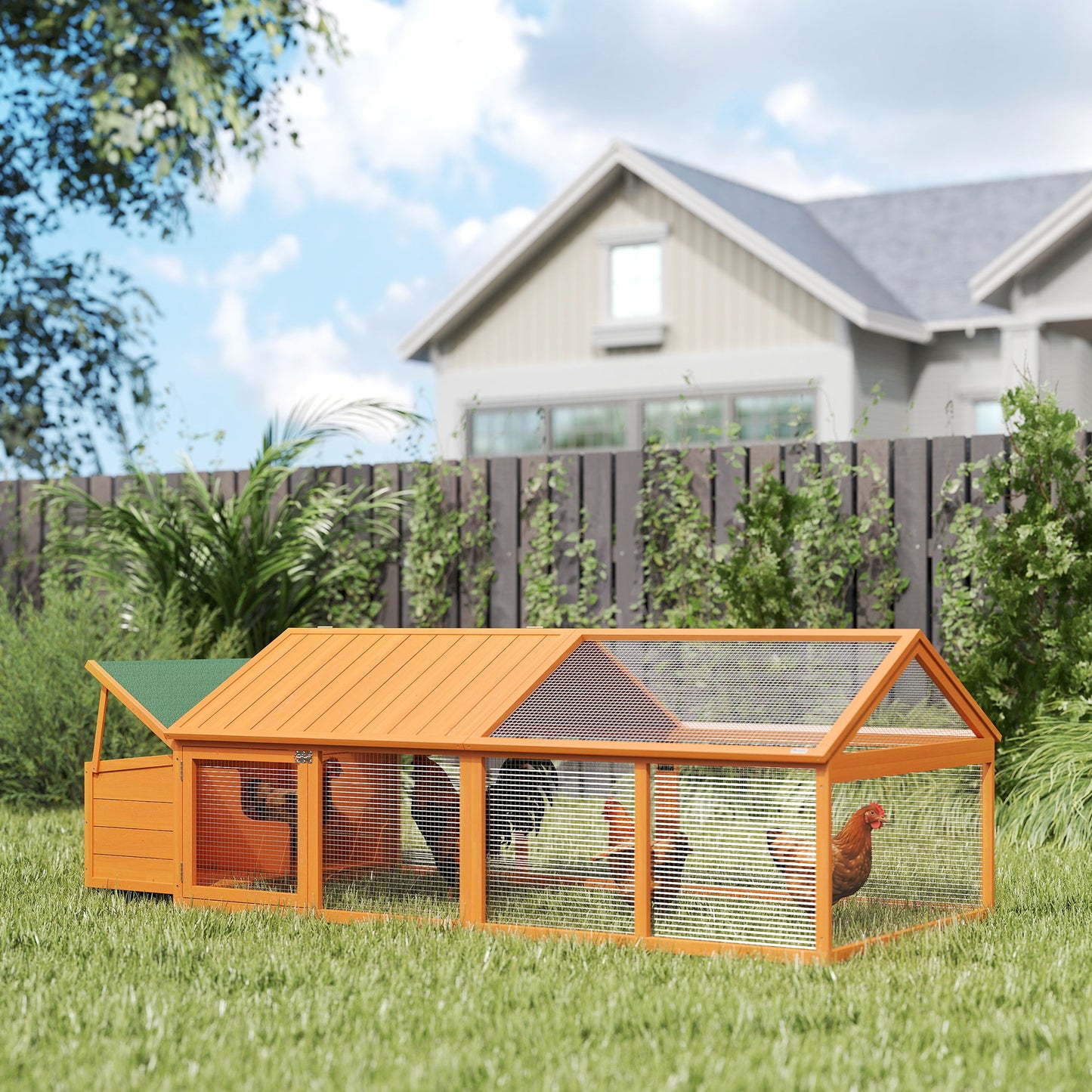 95"L Chicken Run Large Chicken Coop with Nesting Box Wooden Roof Side Door for Outdoor 4–8 Chickens