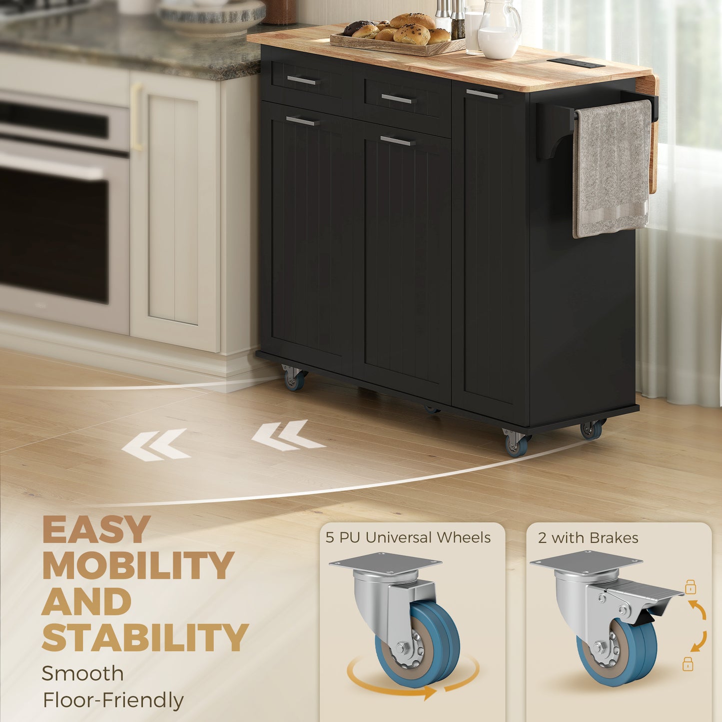 Kitchen Island on Wheels with Wood Drop Leaf, Charging Station, Rolling Kitchen Cart with Adjustable Shelf, Black