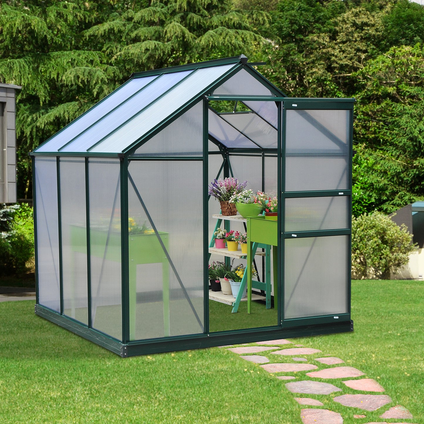 6.2' x 6.3' x 6.6' Clear Polycarbonate Greenhouse, Large Walk-In Green House Garden, Plants Grow, Galvanized Sheet Frame w/ Slide Door