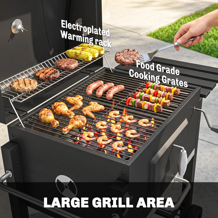 Stainless Steel Charcoal BBQ Trolley with Side Shelf & Wheels
