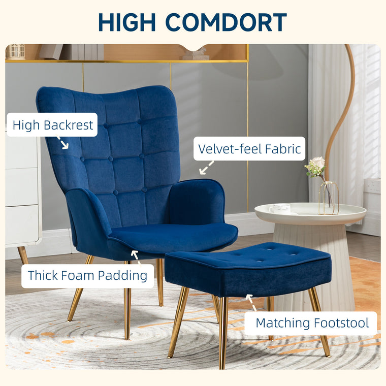 Accent Chair with Ottoman and Gold Legs - Dark Blue