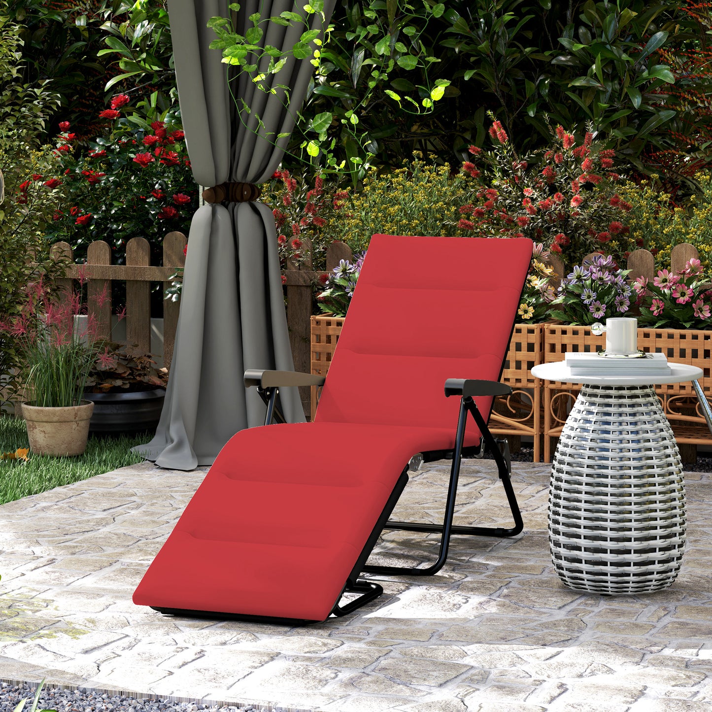 Foldable Lounge Chair, Reclining Patio Sun Lounger with 6-Position Adjustable Back, Black - Walnut