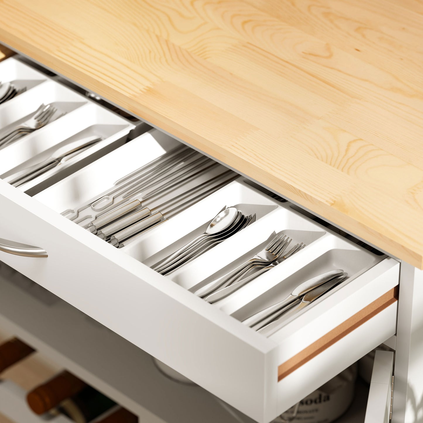 Rolling Kitchen Cart, Kitchen Island with Storage Drawer, 9-bottle Wine Rack, Door Cabinets, Wooden Countertop, White