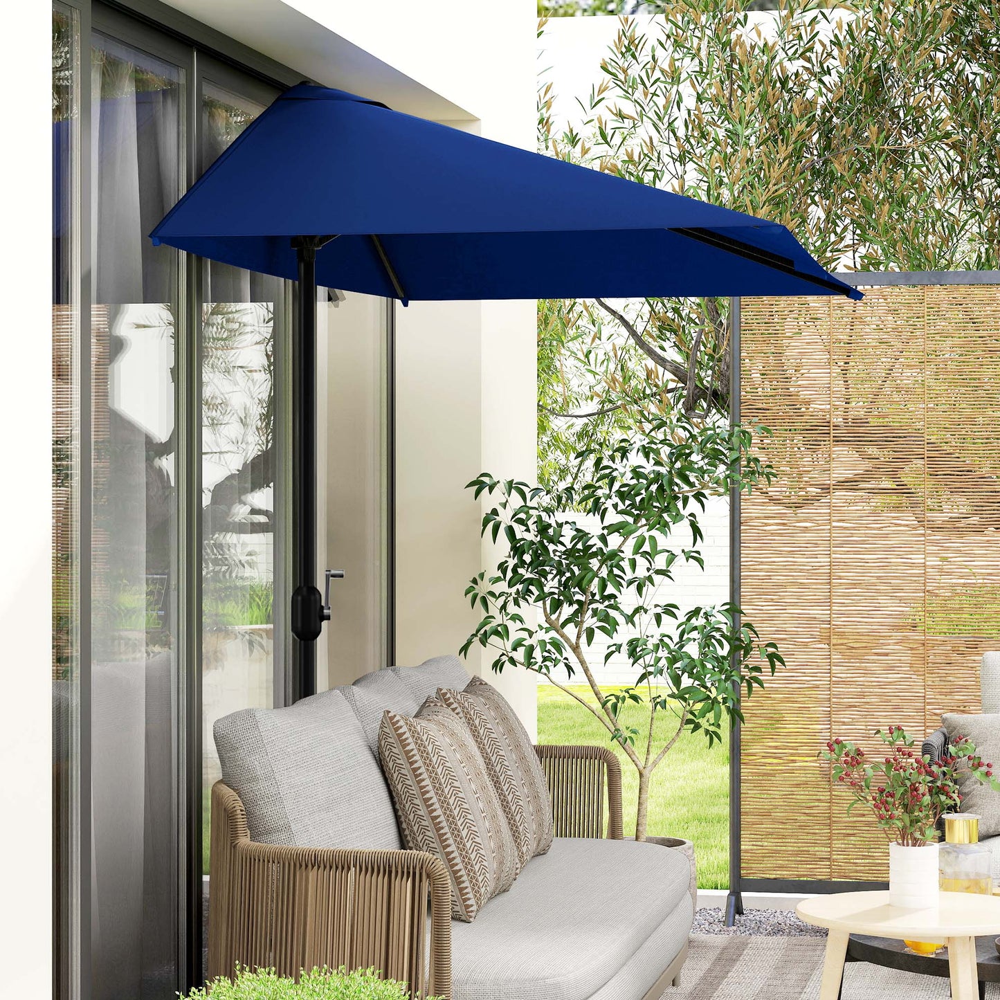 8ft Half Round Umbrella Outdoor Balcony Parasol Patio Garden Outdoor Window Sun Shade w/ 5 Ribs