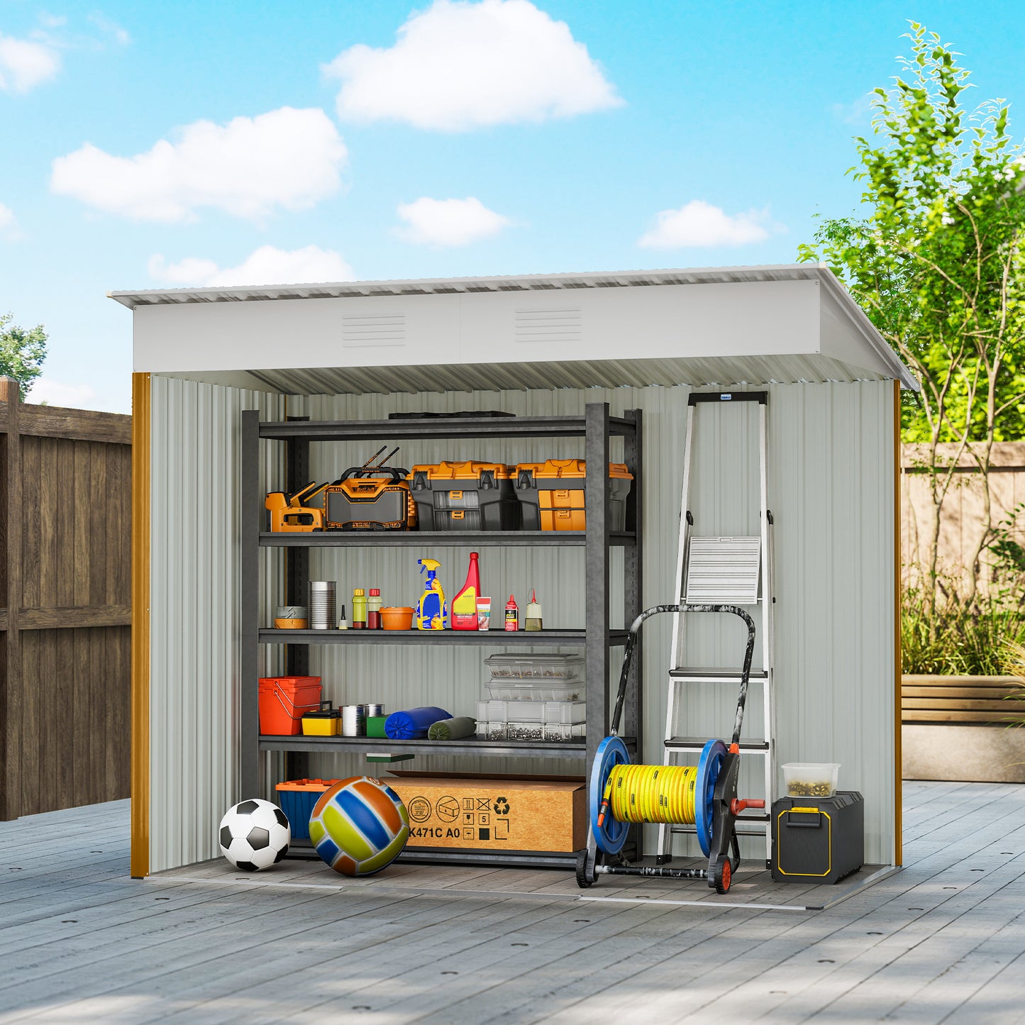 7' x 4' Outdoor Storage Shed, Metal Garden Tool Storage House Organizer with Lockable Sliding Doors and Vents for Backyard Patio Lawn, Yellow