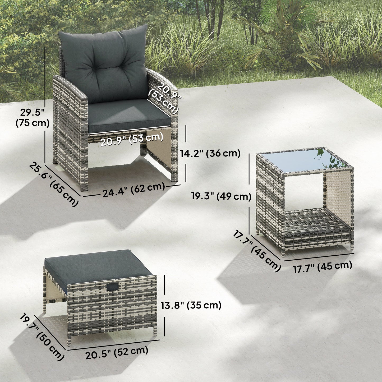 Wicker Patio Chairs with Ottomans, 2-Tier Glass Coffee Table and Cushions, 5 Pcs Patio Furniture Set, Grey