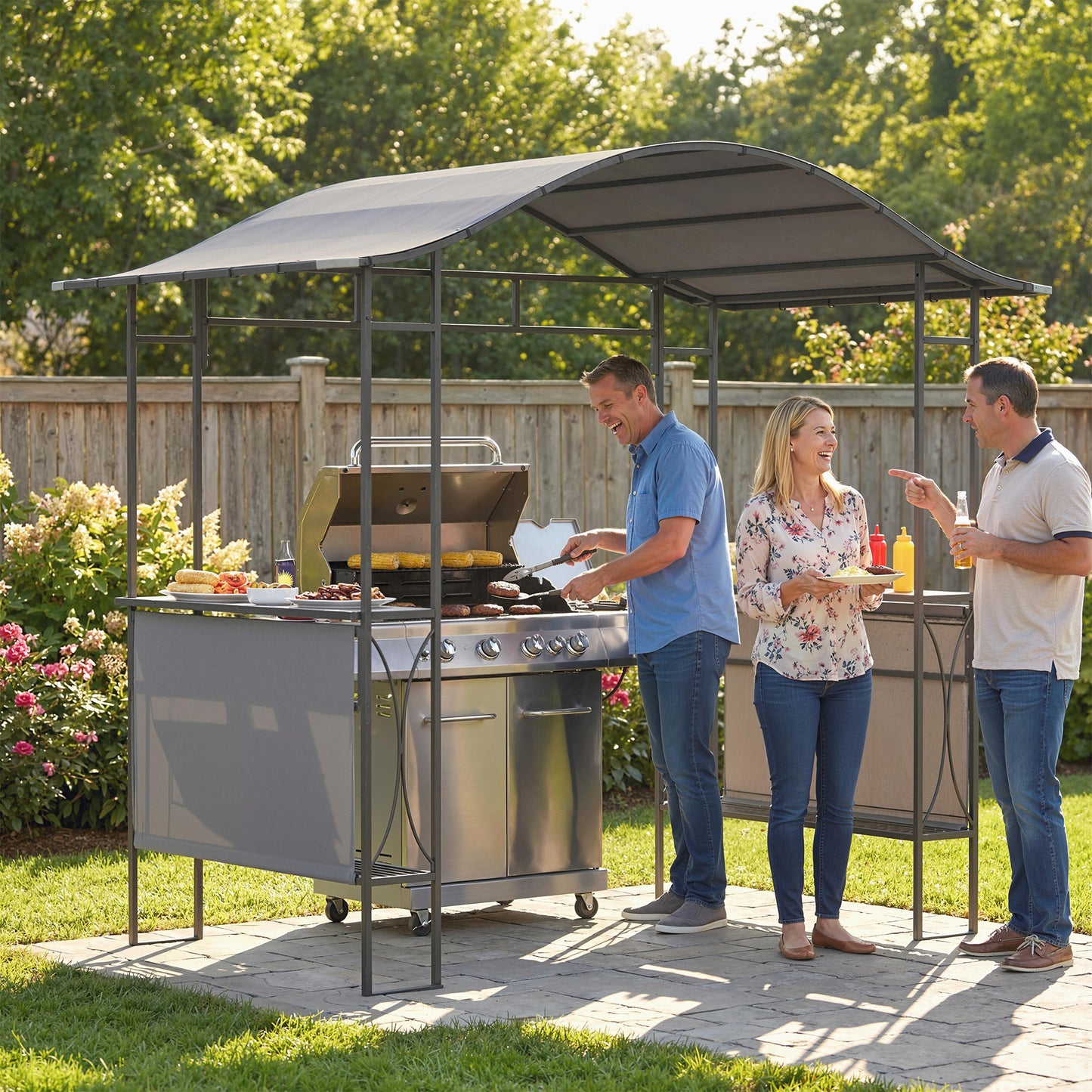 8' x 5' Grill Gazebo Canopy, Outdoor BBQ Shelter with 2 Side Shelves, Dark Grey