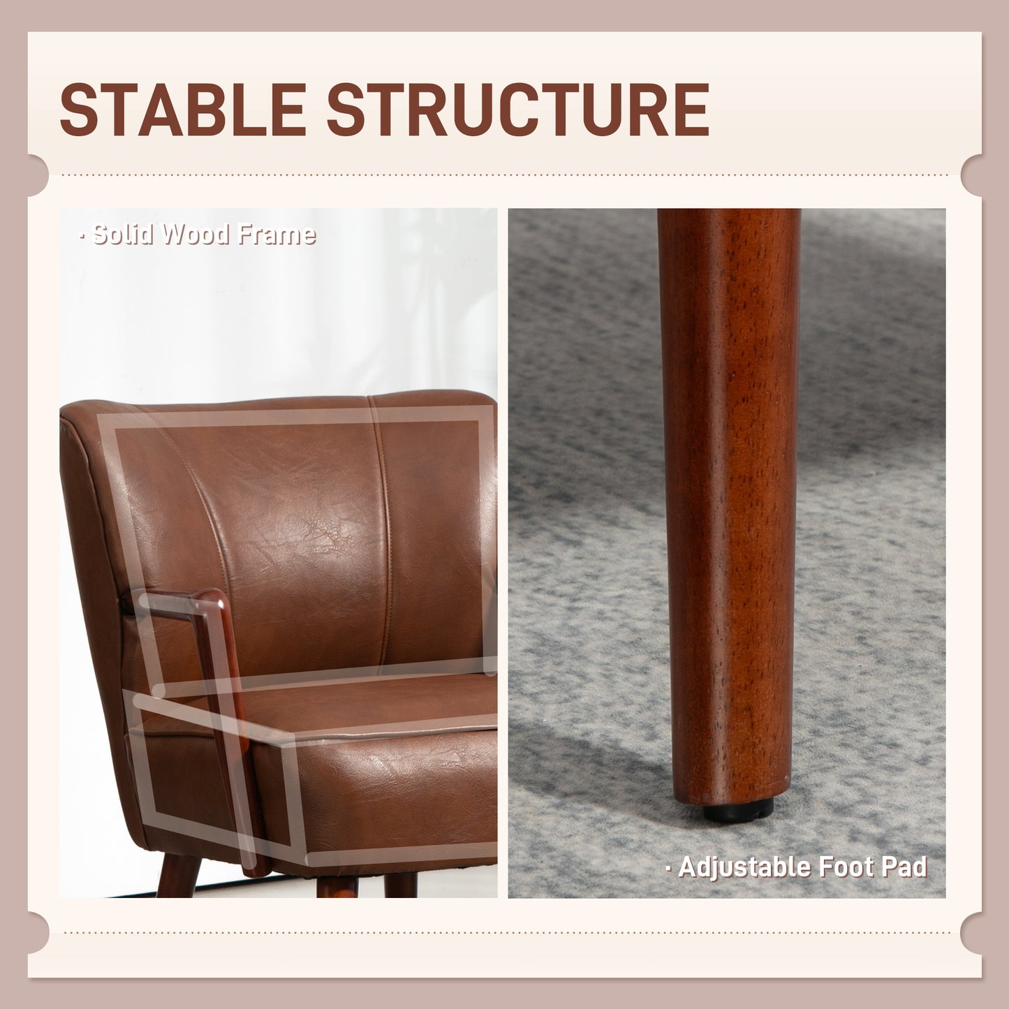 Accent Chair, Modern Armchair, Faux Leather Upholstered Living Room Chair with Wood Legs and Wide Padded Seat, Brown