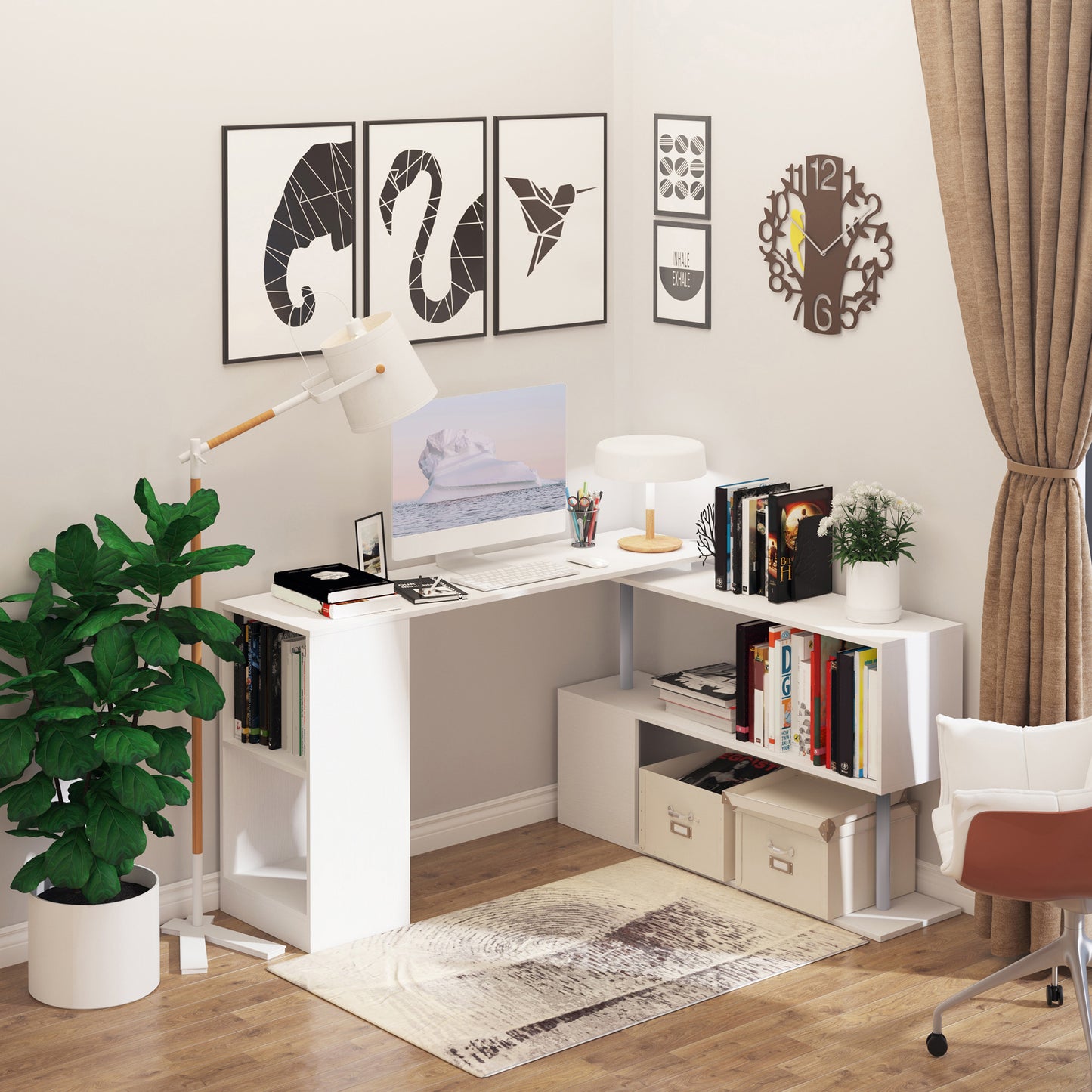 55" Corner Computer Desk, 360° Rotating L-Shaped Desk, Home Office Workstation with 3-Tier Shelves, White