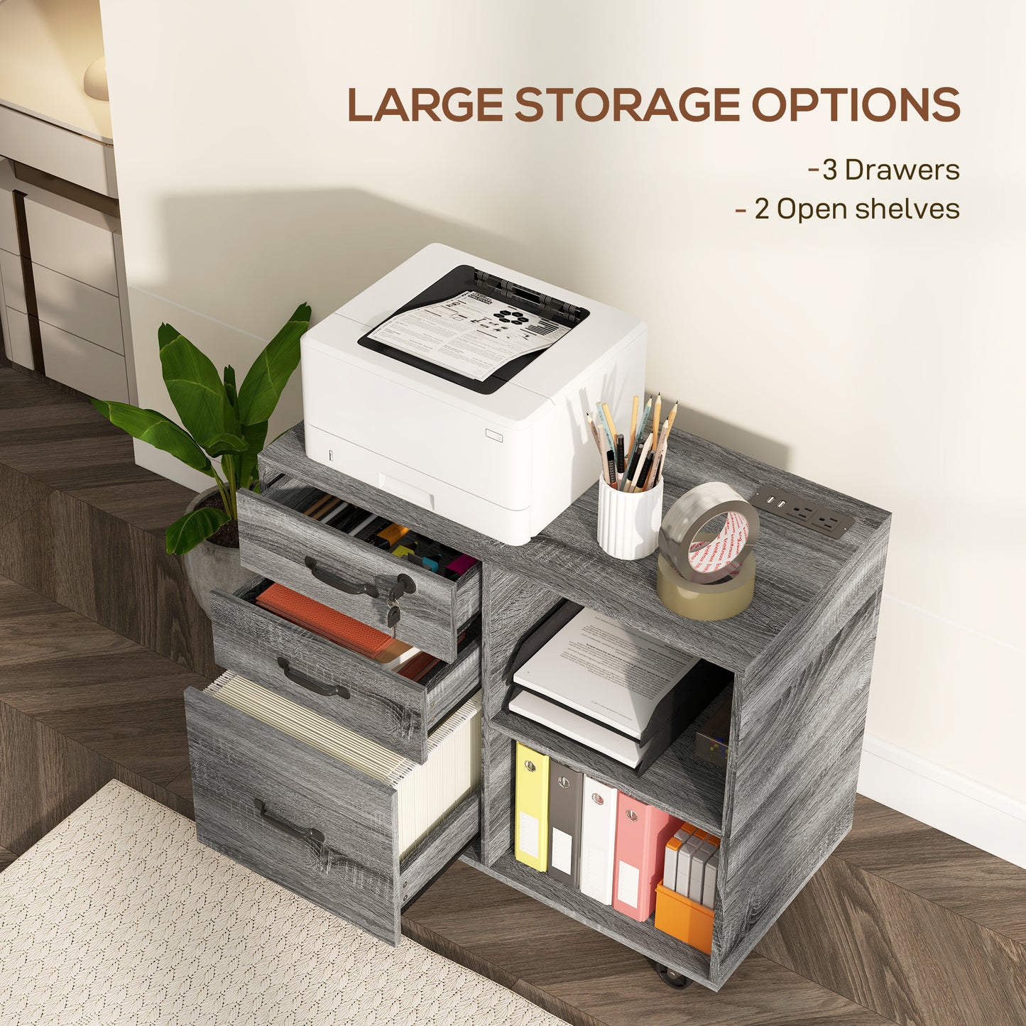 Mobile Printer Stand with Charging Station USB Ports Locking Filing Cabinet for A4 Letter Size Grey