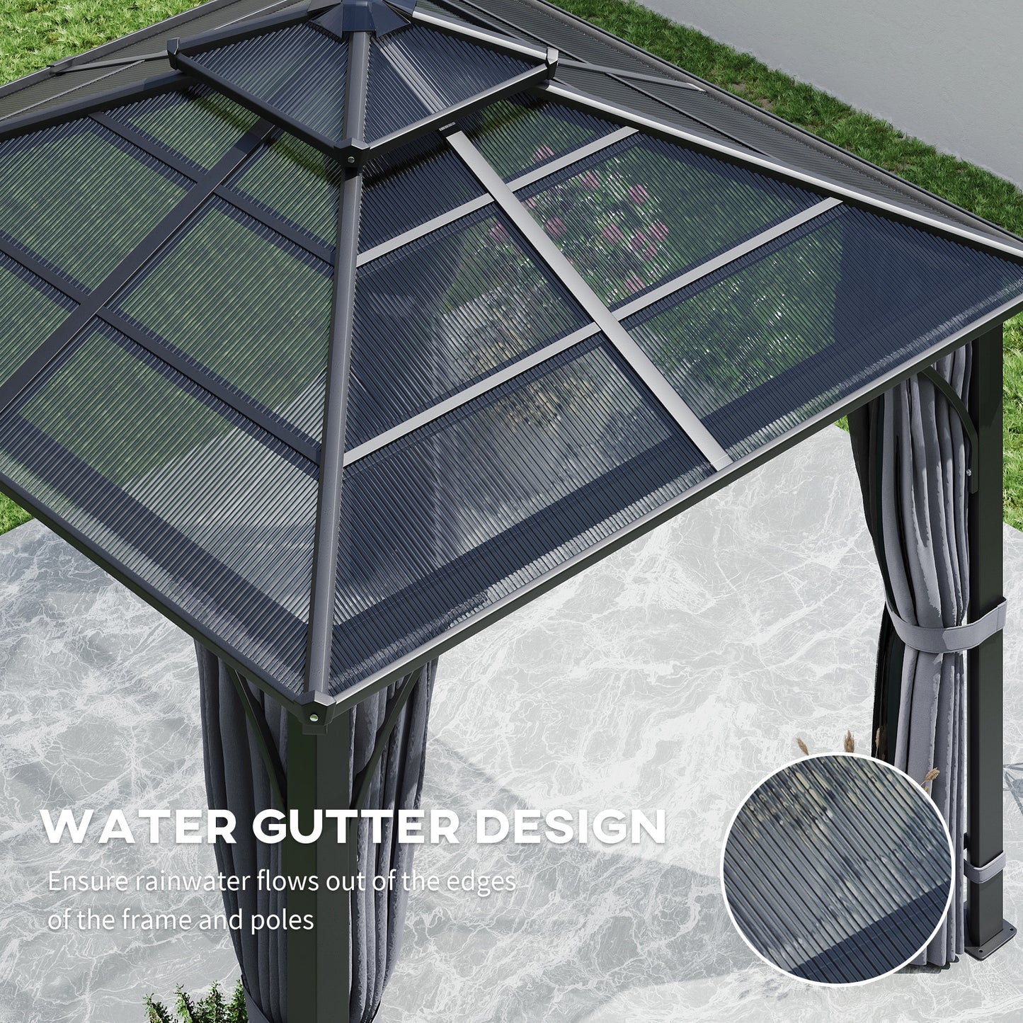 10' x 10' Hardtop Gazebo with 7mm Polycarbonate Double-Tier Roof, Outdoor Gazebo with Netting and Curtains, Dark Grey
