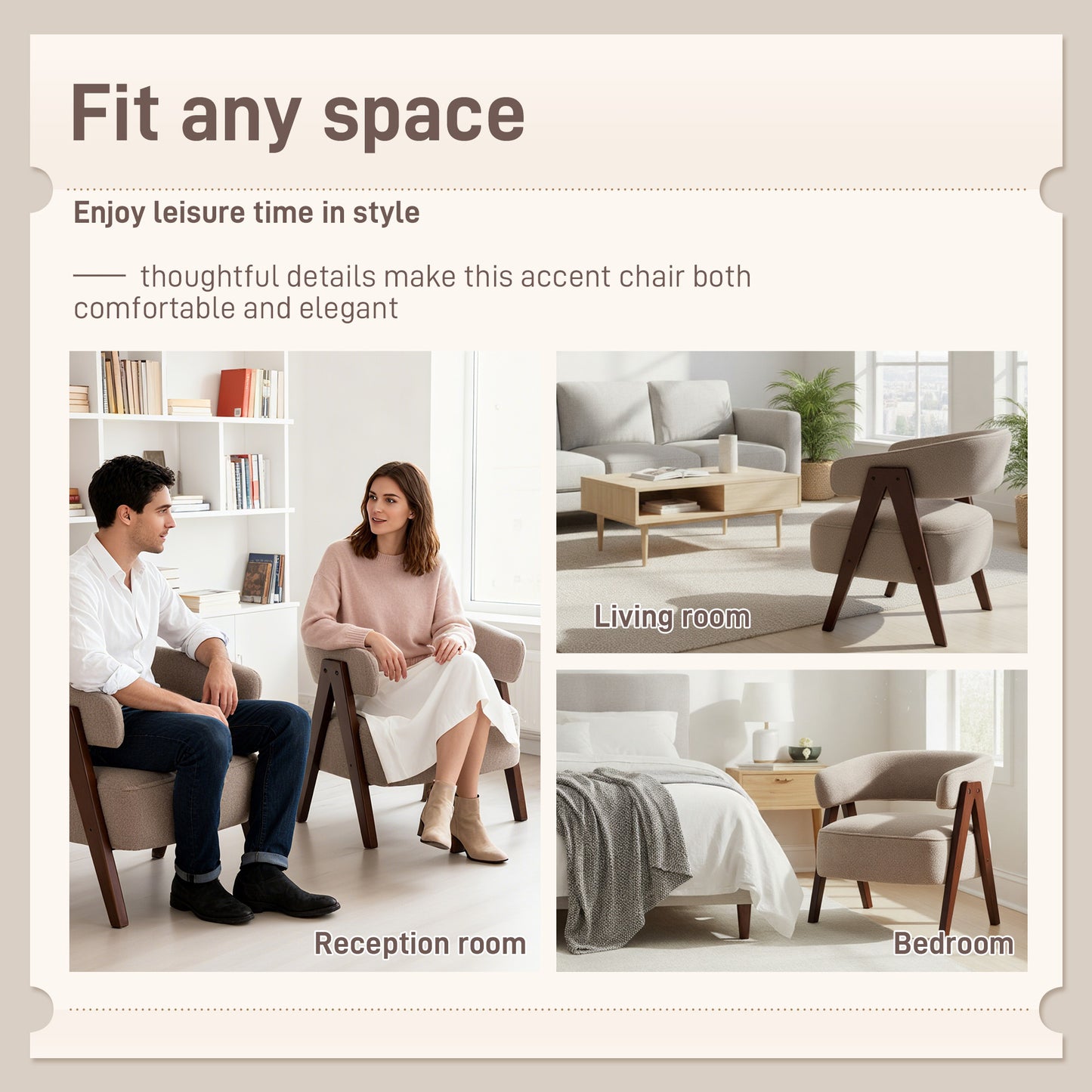 Sherpa Fleece Accent Chair, Upholstered Armchair with Solid Wood Legs and Steel Frame for Living Room, Light Brown