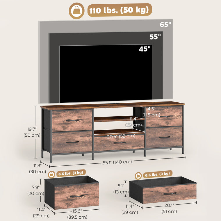 65" TV Stand with 5 Drawers and Charging Station - Rustic Brown