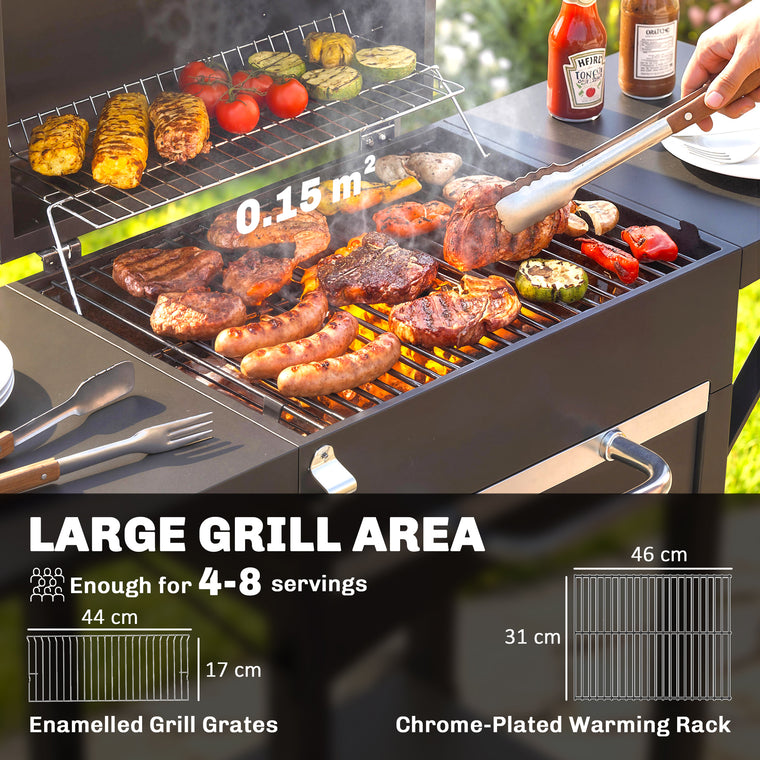 Black Charcoal Grill with 2 Side Tables & Warming Rack