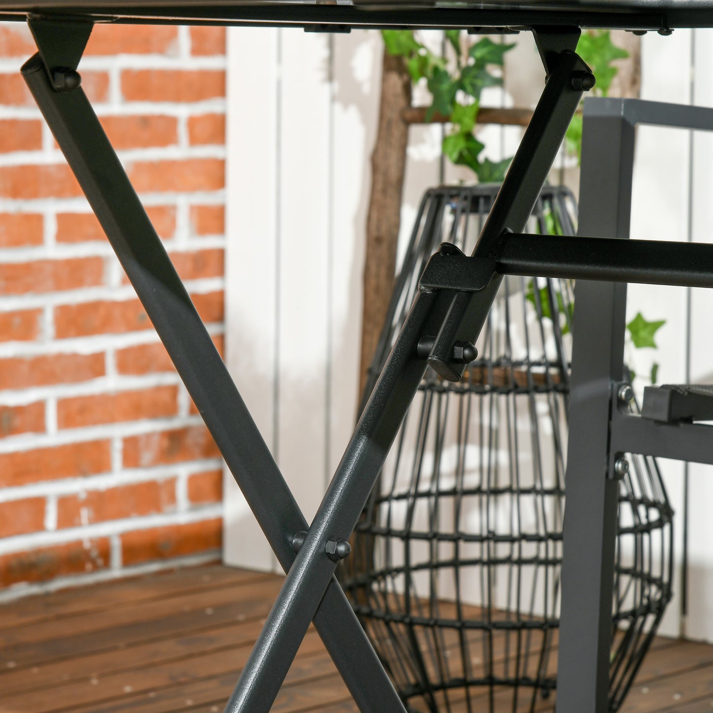 Foldable Outdoor Dining Table with Umbrella Hole, Patio Table for 6 with Glass Top Table, Metal Frame for Garden Lawn Backyard, Black