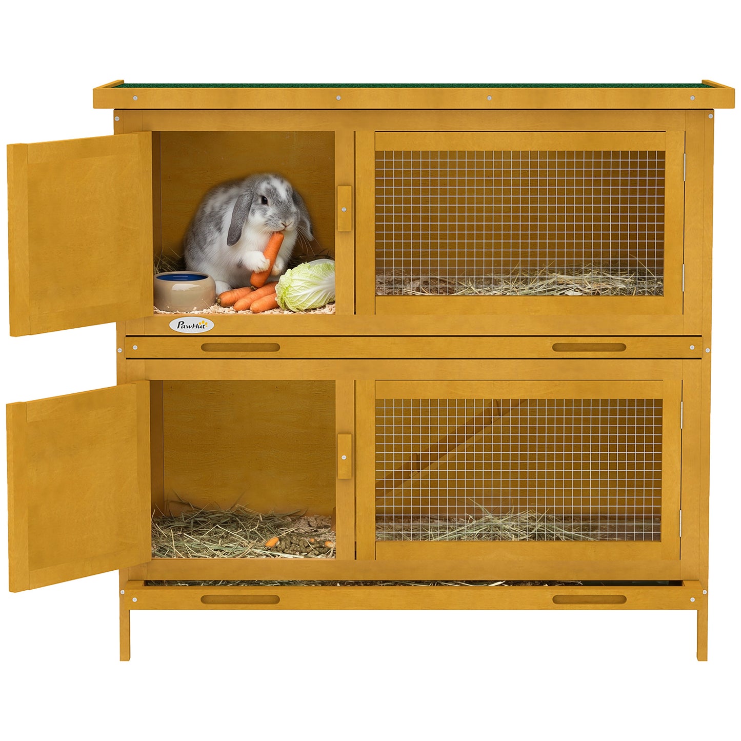 Wood Rabbit Hutch with 2 Large Main House, Ramp, Trays, Yellow