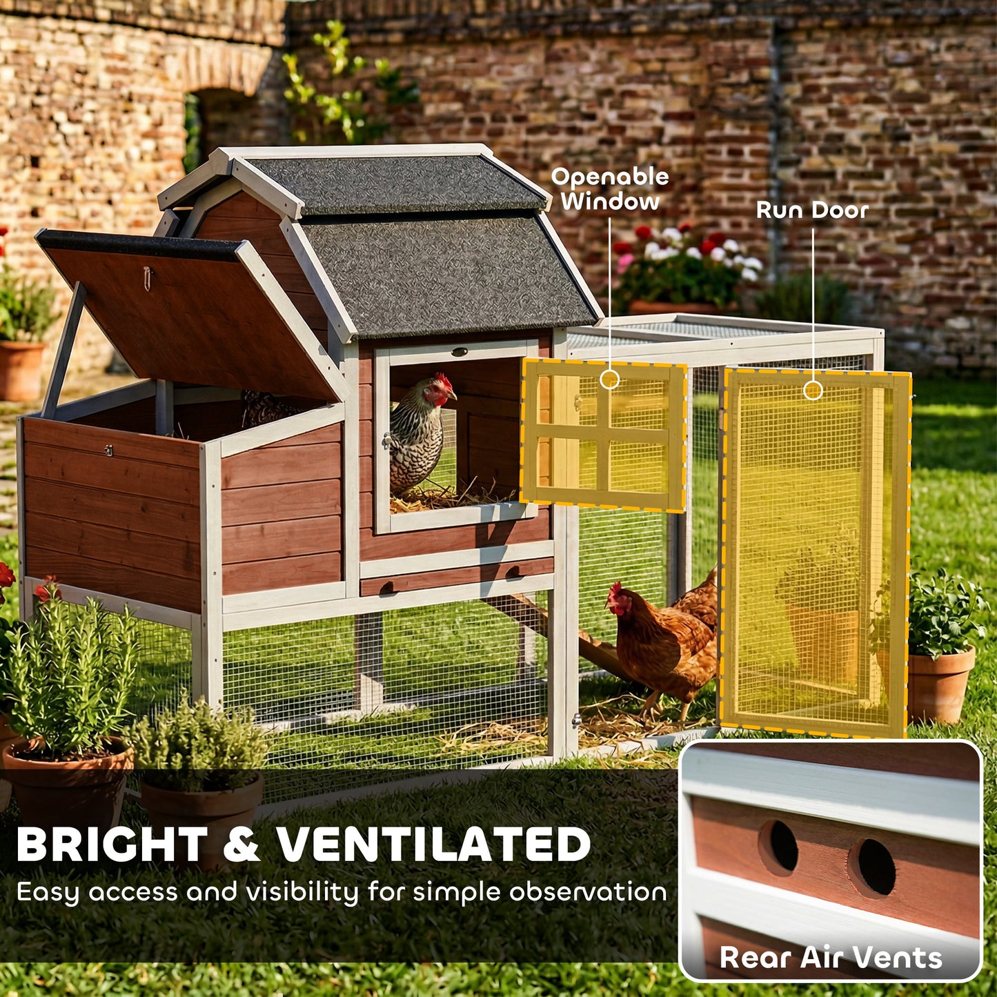 71" Chicken Coop for 3 Chickens, Wooden Hen House with Run, Removable Tray, Nesting Box, Waterproof Asphalt Roof