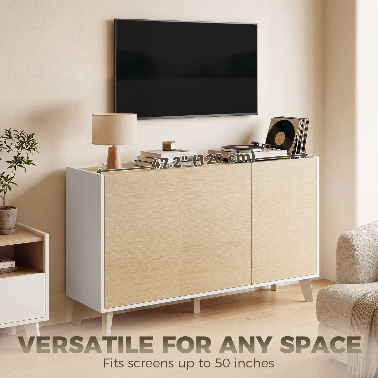Sideboard Buffet Cabinet, 47" Modern Kitchen Storage Cabinet with 6 Compartments, Soft-Close Doors, Natural Wood Effect