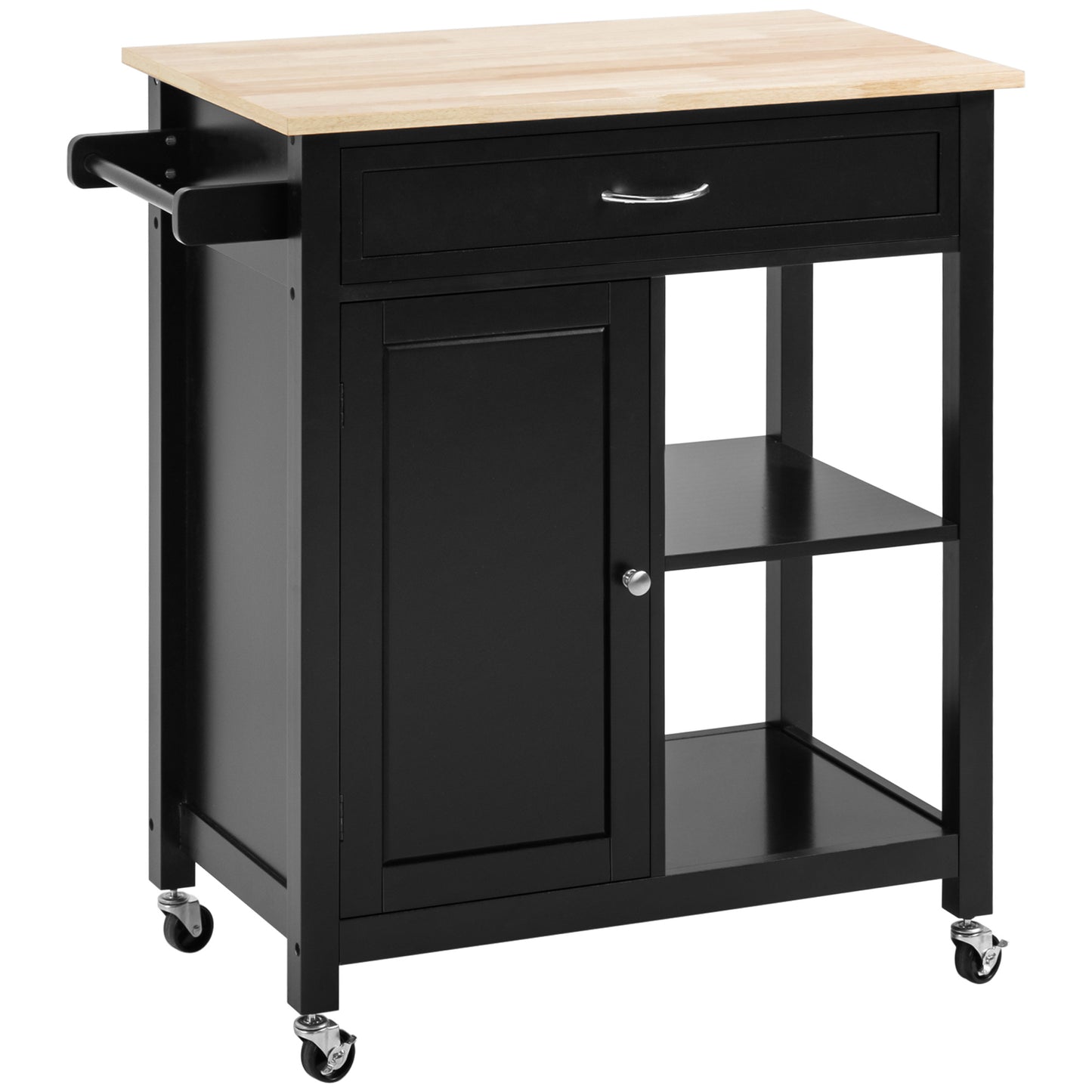 Rolling Kitchen Cart with Wood Top and Drawer, Kitchen Island on Wheels for Dining Room, Black