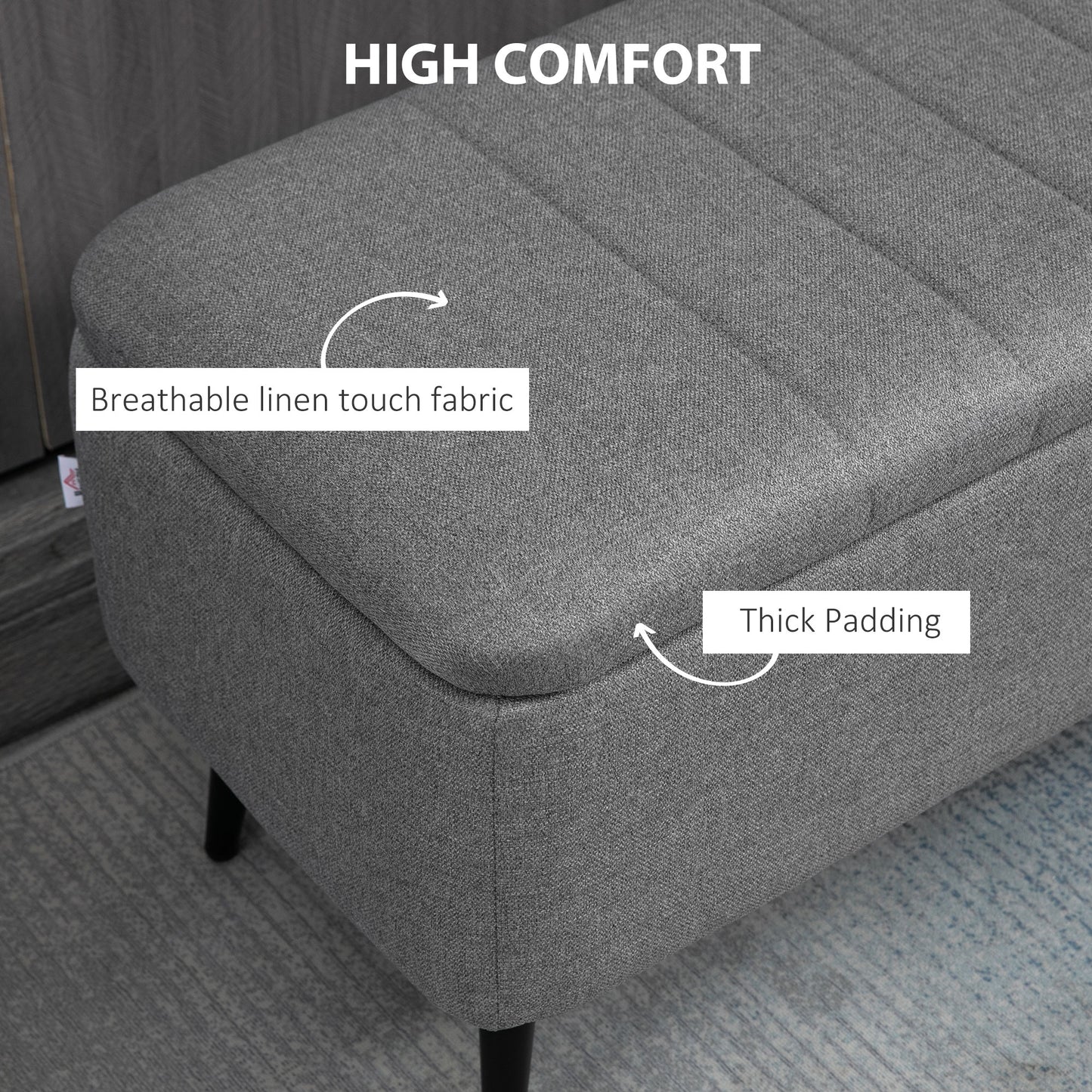 40" Ottoman with Storage, Linen Upholstered Storage Ottoman Bench with Steel Legs for Living Room, Bedroom Grey