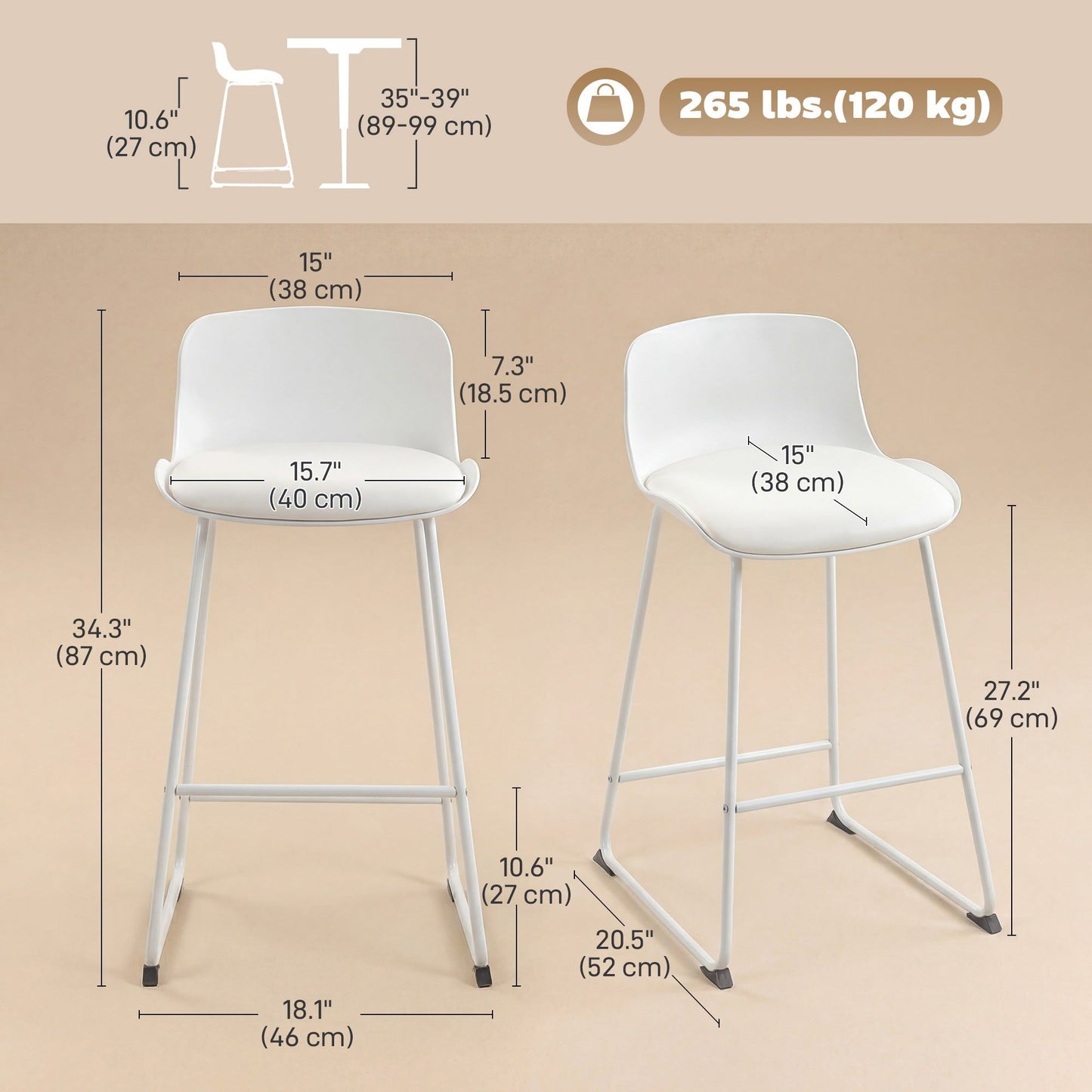 PU Leather Counter Height Bar Stools Set of 2 - White