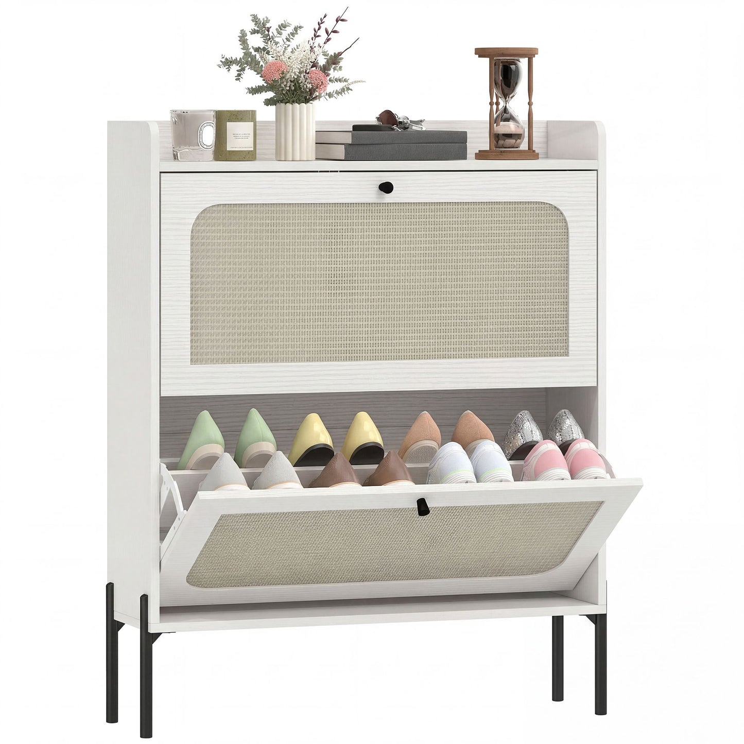 Shoe Cabinet with 2 Flip Drawers, Boho Narrow Shoe Storage Cabinet, White