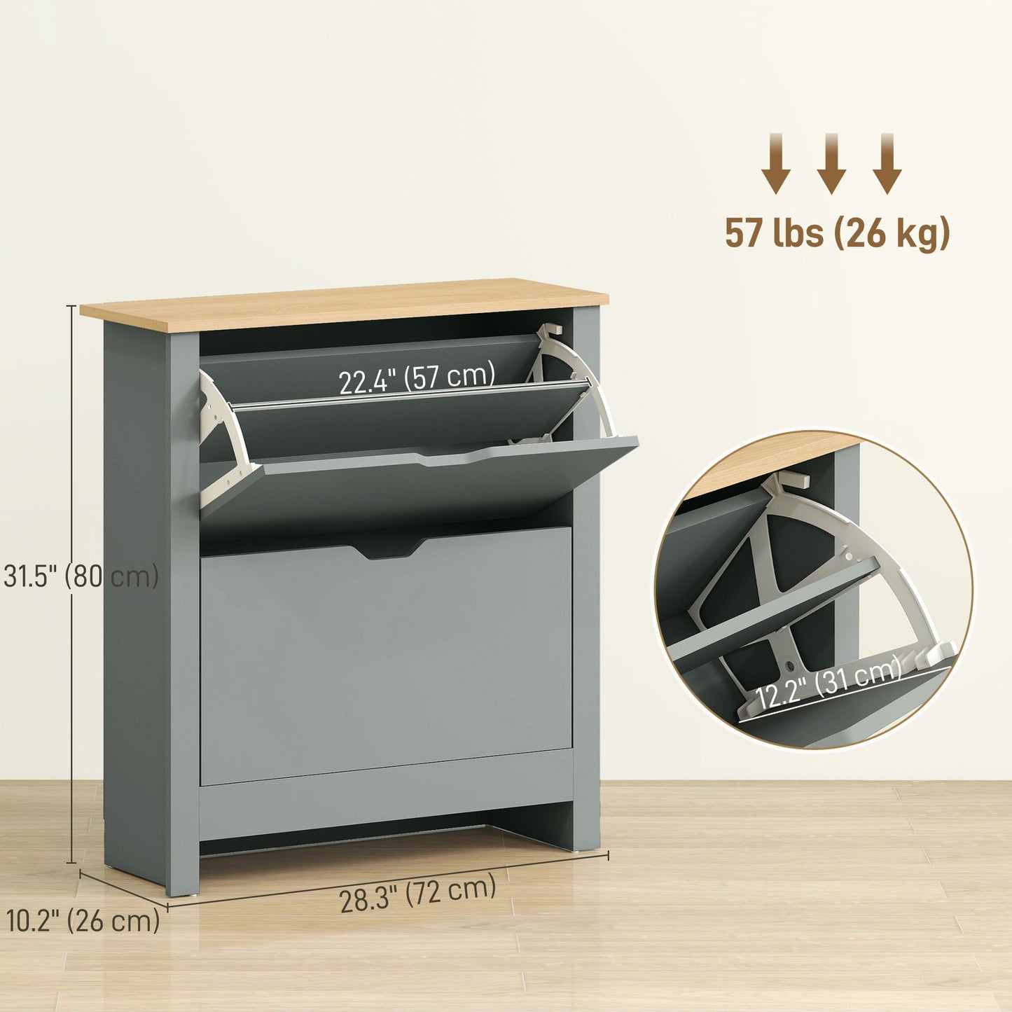 Shoe Storage Cabinet with 2 Flip Drawers and Adjustable Shelves for 8–12 Pairs of Shoes, Light Grey