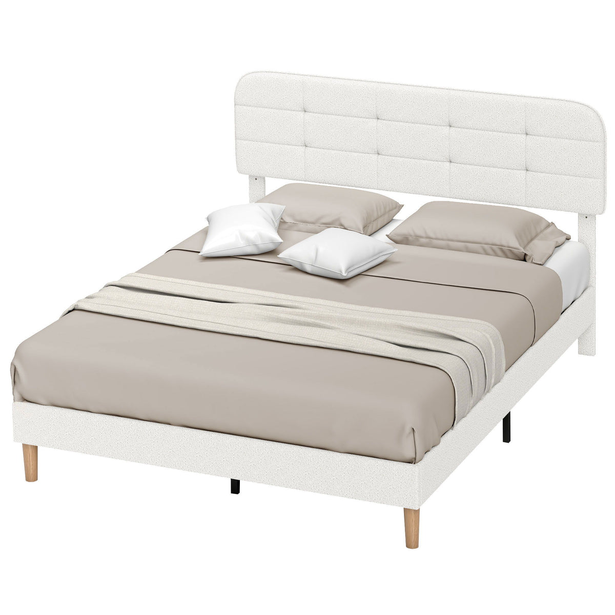 Queen Size Bed Frame with Adjustable Headboard Upholstered Platform Bed Frame with Wood Slat Support Noise Free White